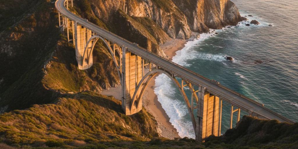 Bixby Bridge on the Big Sur coast with morning light on the cliffs of Highway 1