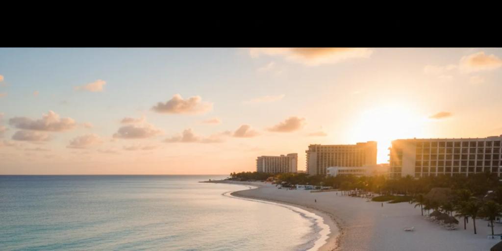 The curve of Cancun's hotel zone beach at sunrise, turquoise Caribbean water meeting white sand