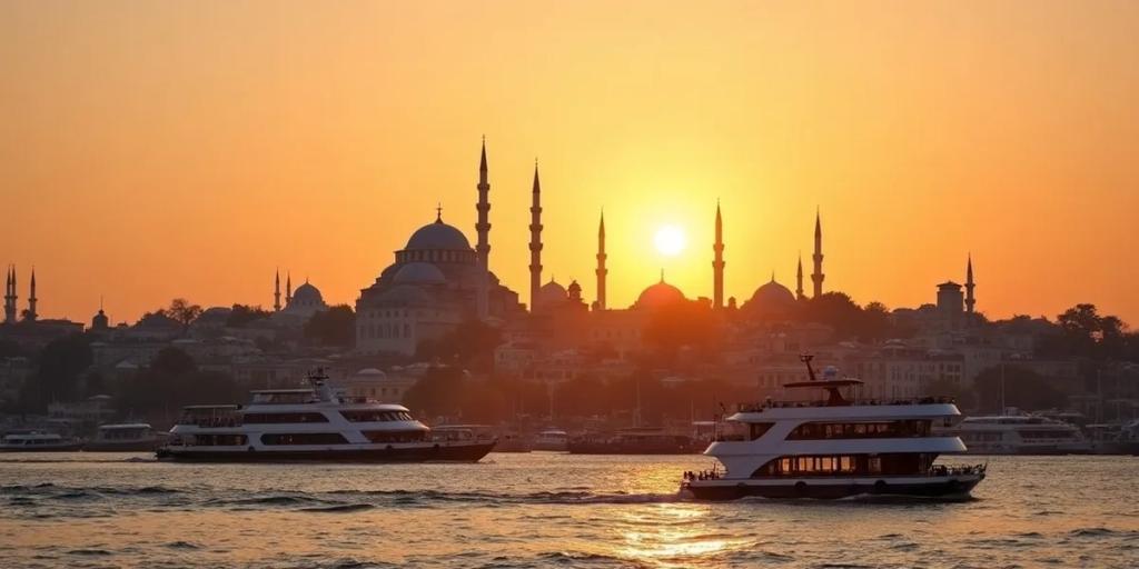 Istanbul's Bosphorus at dusk with a city ferry crossing between the European and Asian shores
