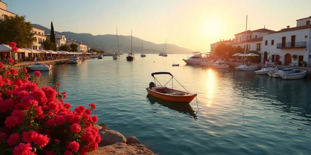 Whitewashed harbourfront of Kos Town with moored boats and the castle at dusk