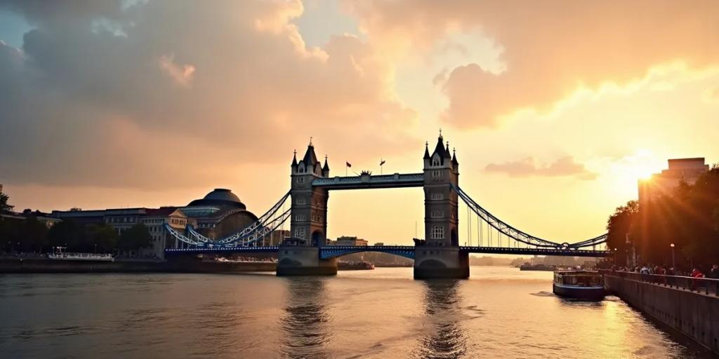 London skyline over the Thames with Tower Bridge and the City at dusk