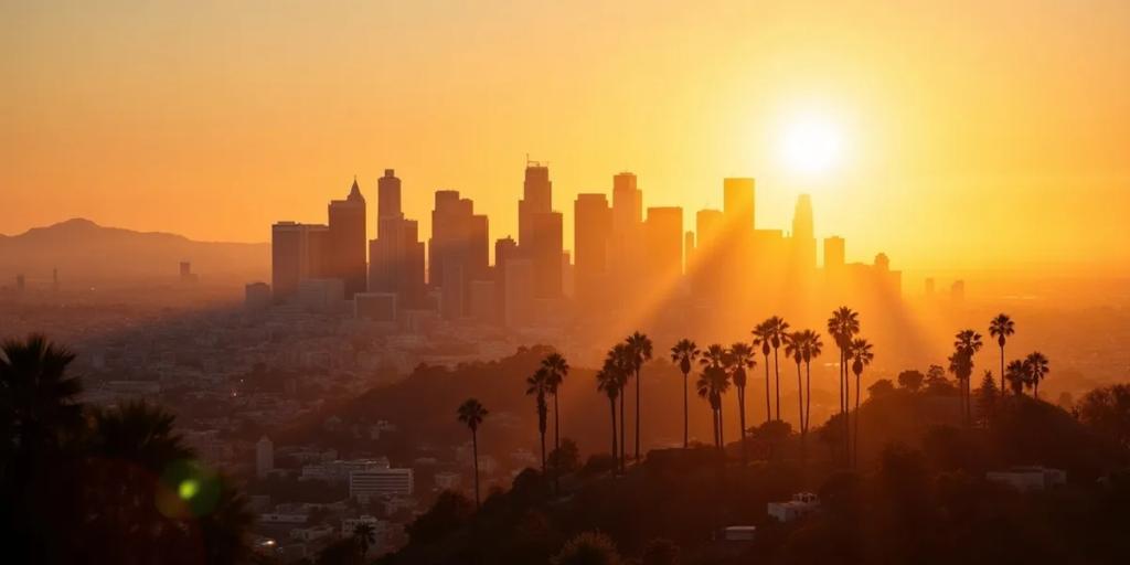 Los Angeles motorway interchange at dusk with the city centre skyline and palm trees