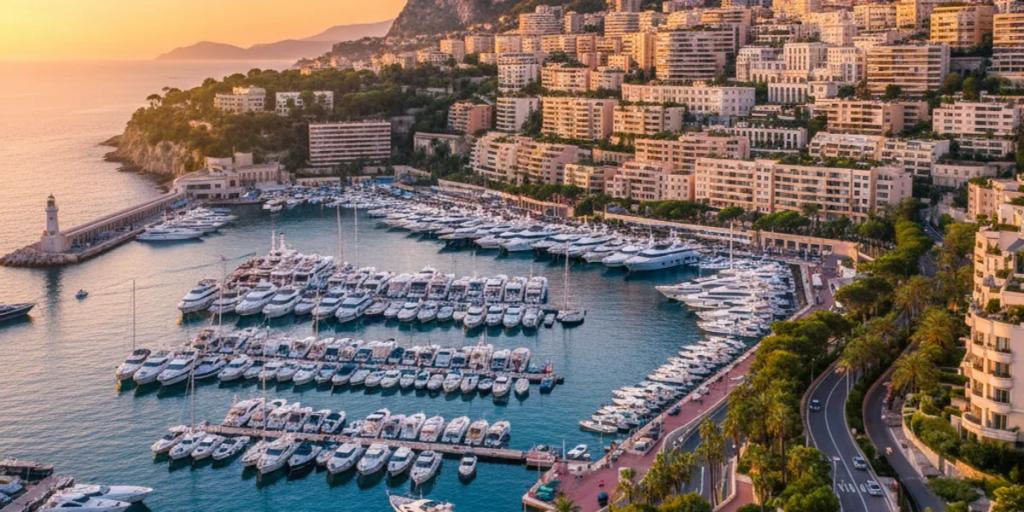 Superyachts crowding Port Hercule below the hillside apartment towers of Monte Carlo