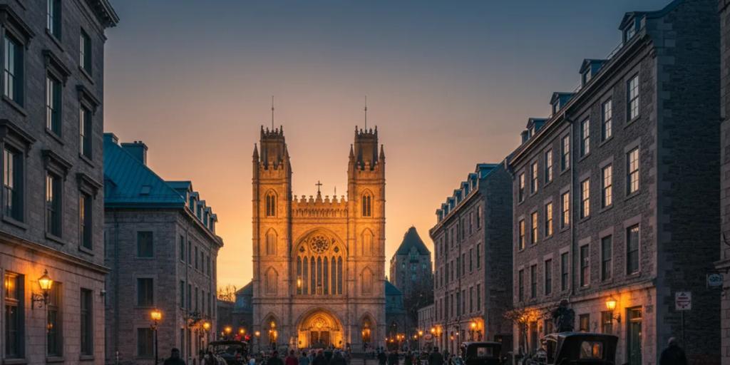 Cobblestone street in Old Montreal leading to the twin towers of the Notre-Dame Basilica