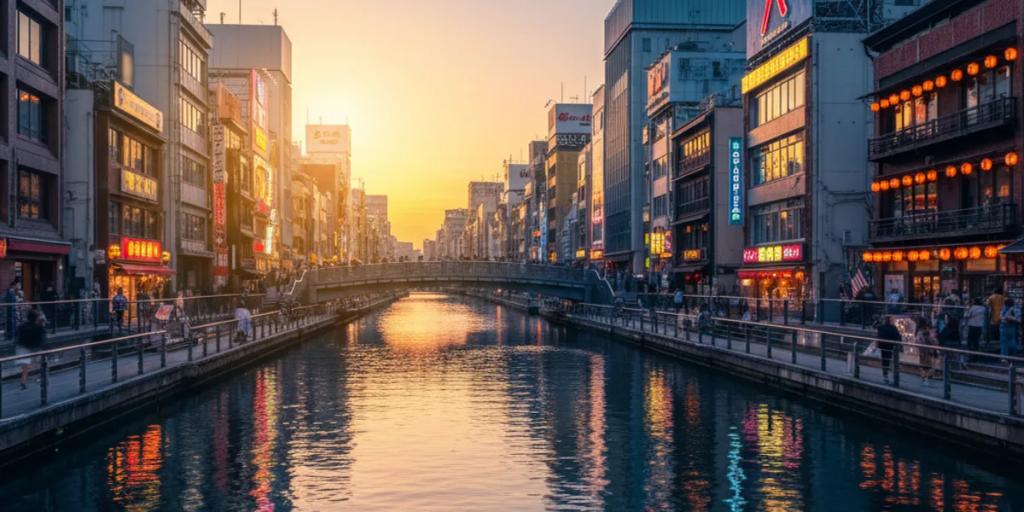 Dotonbori canal at night with neon signs reflecting on the water