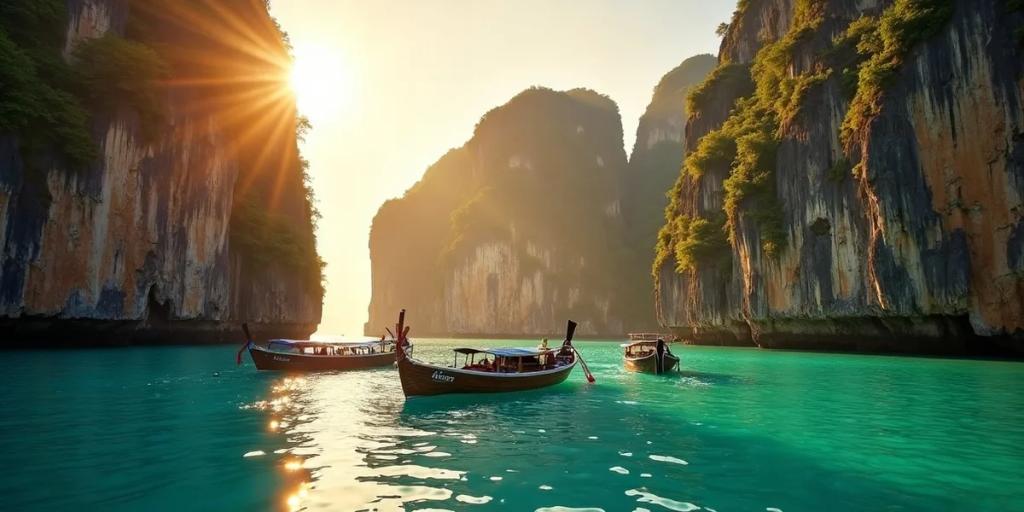 Longtail boats on a Phuket beach with green headlands at golden hour