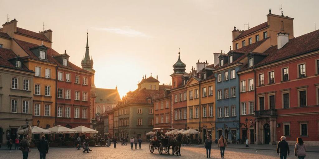 Colourful reconstructed facades of Warsaw's Old Town Market Square in warm light