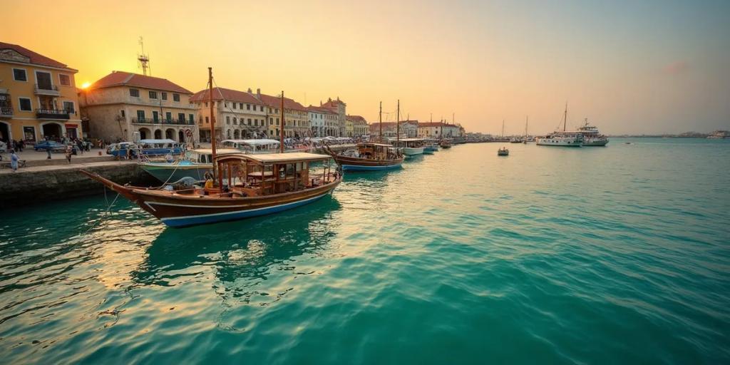 Dhow sailing past Stone Town's waterfront at golden hour, Zanzibar