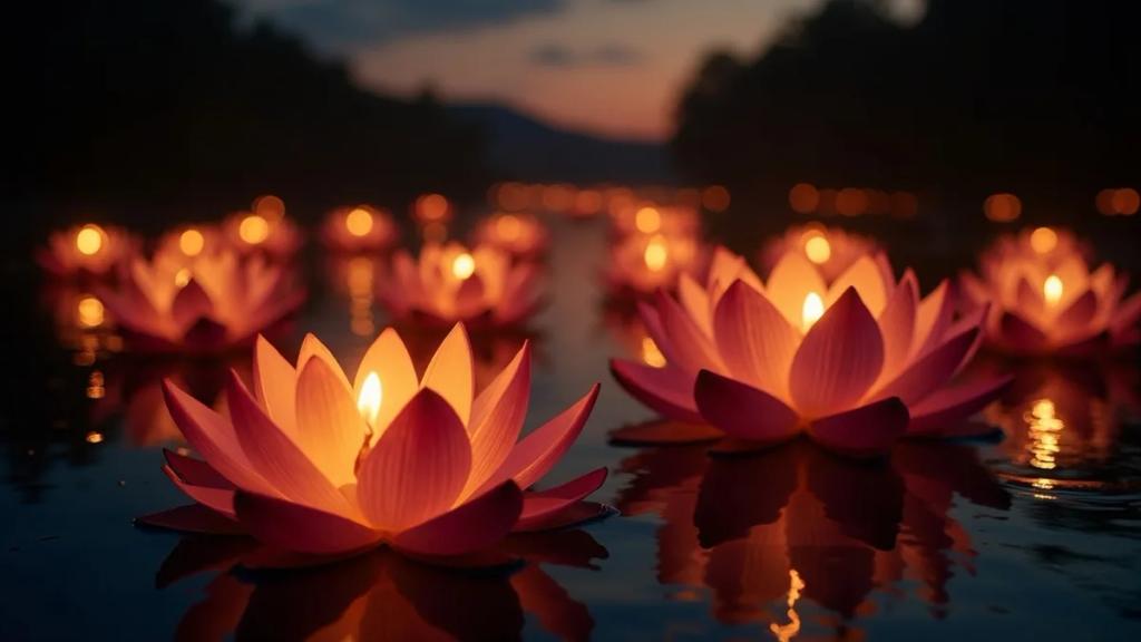 Candlelit krathongs floating on the Chao Phraya River in Bangkok with Wat Arun illuminated behind