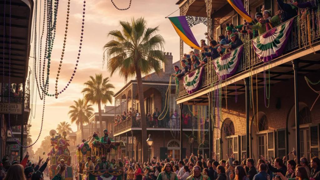 A Mardi Gras float rolling down St. Charles Avenue in New Orleans as crowds reach for beads at dusk