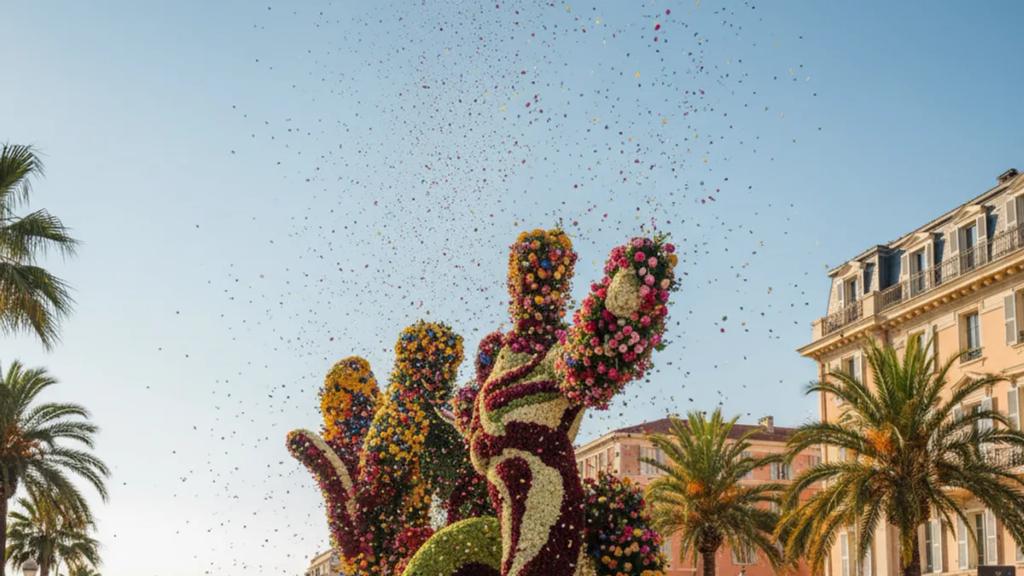 Illuminated carnival floats parading past crowds on Place Masséna in Nice at night