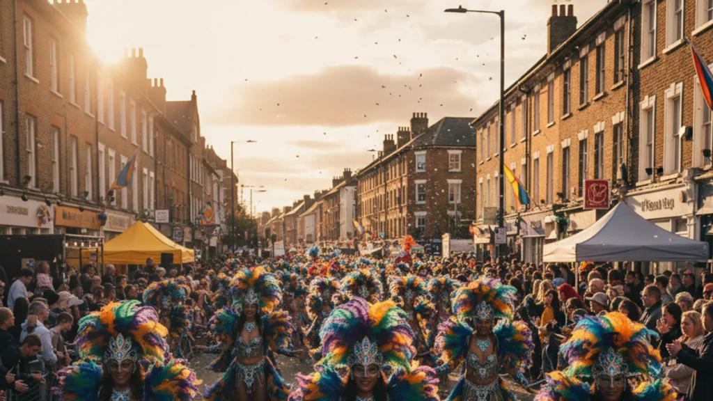 Mas dancers in feathered carnival costumes parading past West London terraced houses at Notting Hill Carnival