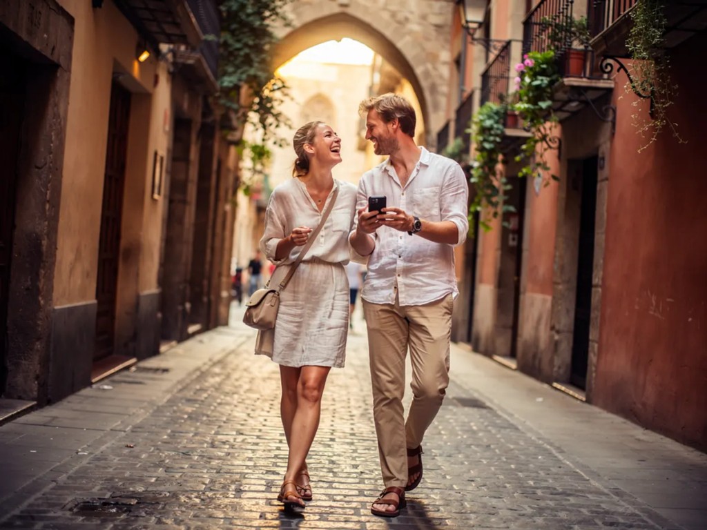 British travellers browsing on smartphones with travel eSIM overseas