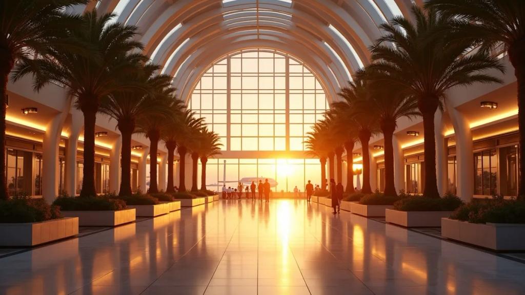Dubai International Airport concourse at golden hour with travellers passing illuminated departure boards