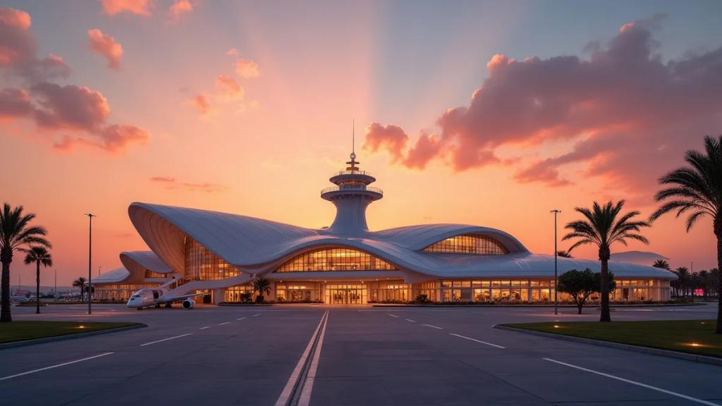 LAX terminal at dusk with the iconic Theme Building pylons glowing and travellers heading to arrivals