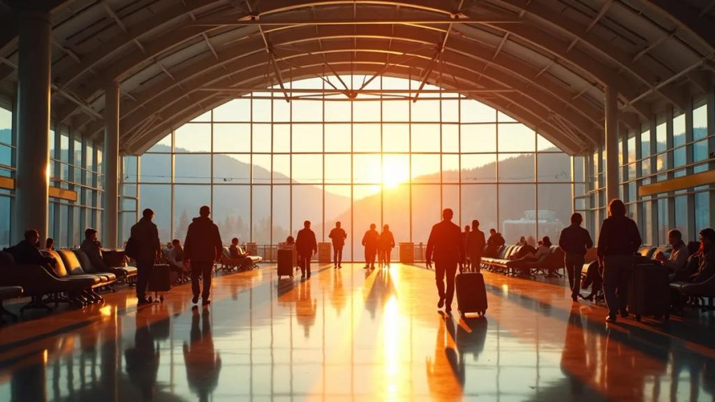 Munich Airport terminal with glass roof and travellers walking towards the S-Bahn at golden hour