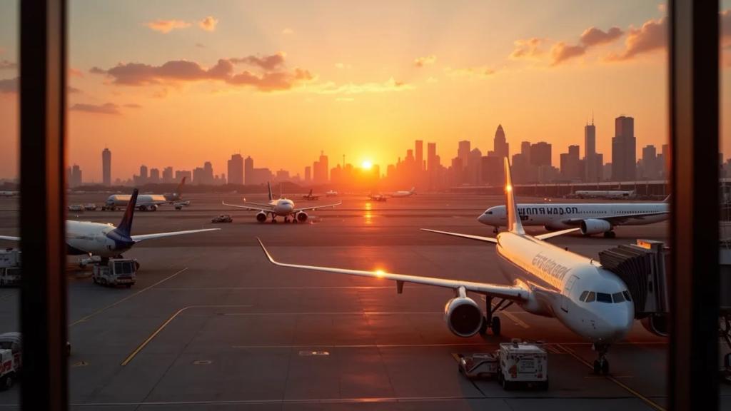 JFK airport terminal at dusk with arriving travellers and the AirTrain visible through the glass