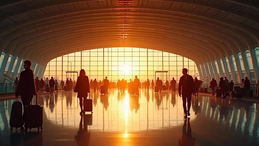 Incheon airport terminal at golden hour with travellers walking past the departure boards
