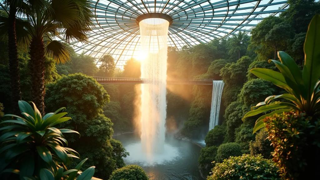 Jewel Changi Airport Rain Vortex waterfall with travellers on the canopy walkways at dusk