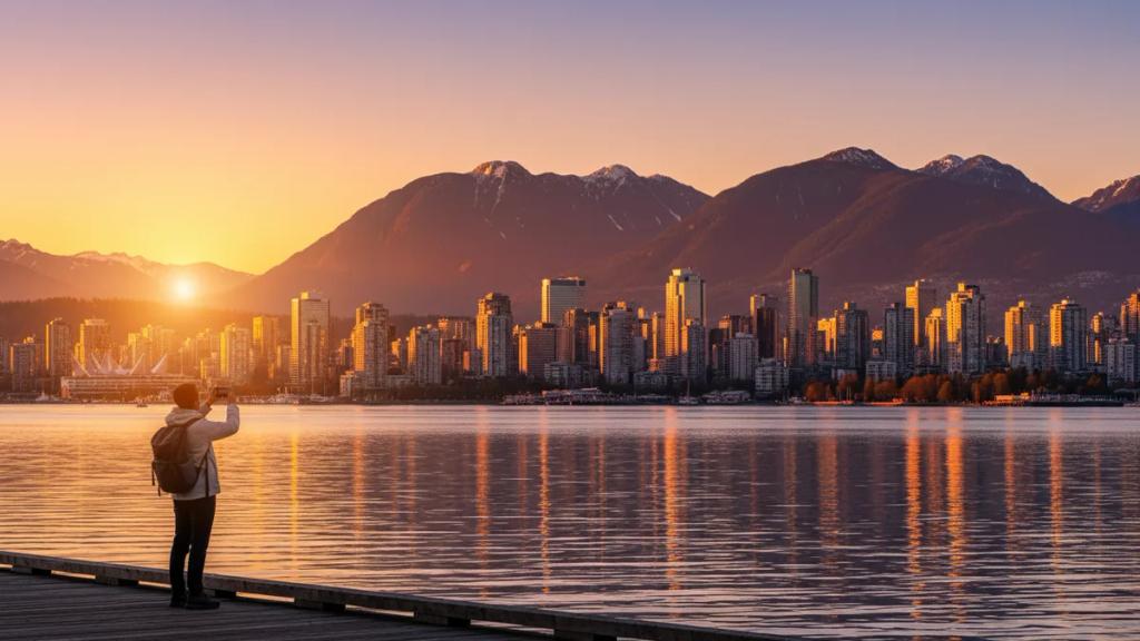 Coastal mountains above a harbour city with a ski resort village and gondola in the distance