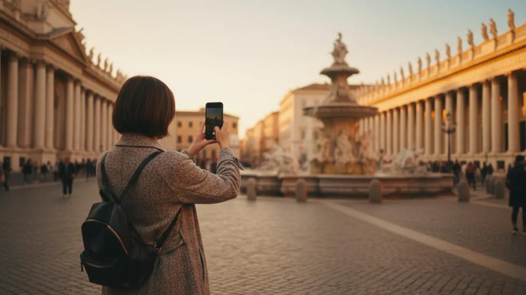 Traveller checking a phone at a European train station with a departure board