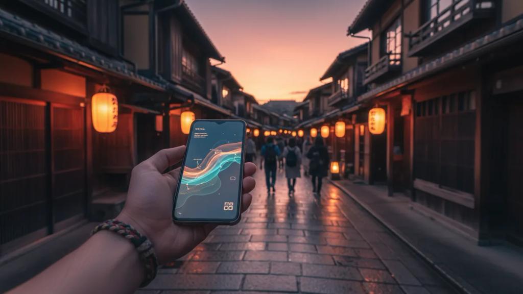Traveller using a smartphone on a busy Tokyo street at dusk with neon signs
