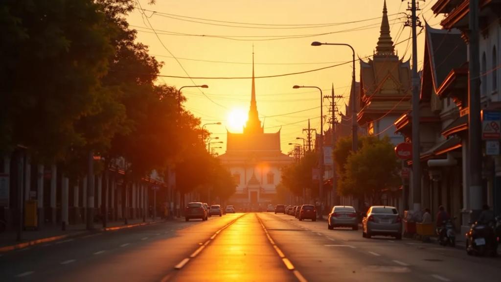 Traveller on a Bangkok street at dusk checking whether their phone has signal