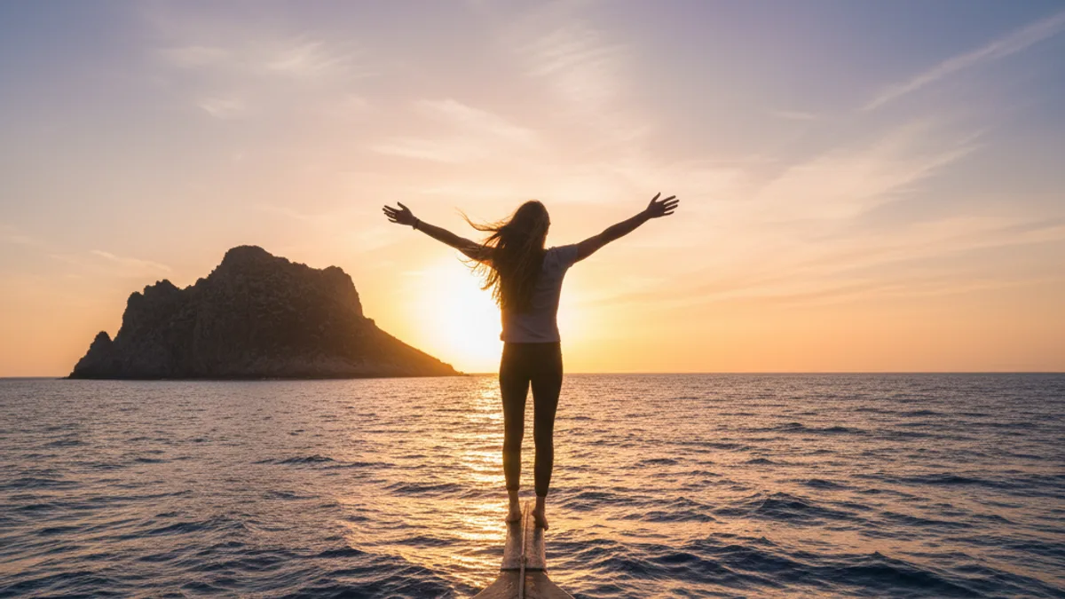 Traveller at the bow of a boat, arms out and hair in the wind on the Mediterranean
