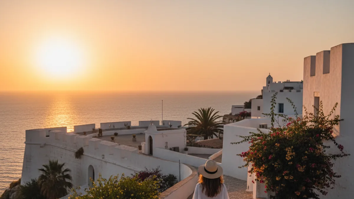 Traveller in white walking away up the cobbled ramparts of Dalt Vila at golden hour