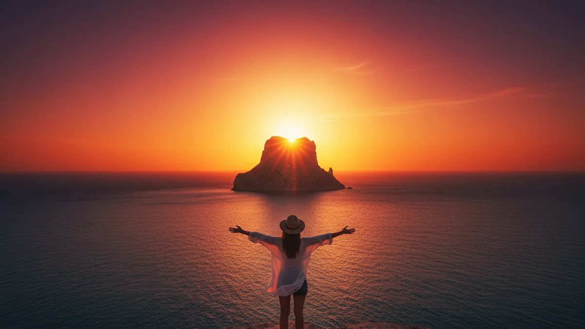 Traveller with arms spread wide, silhouetted against the sunset behind Es Vedra