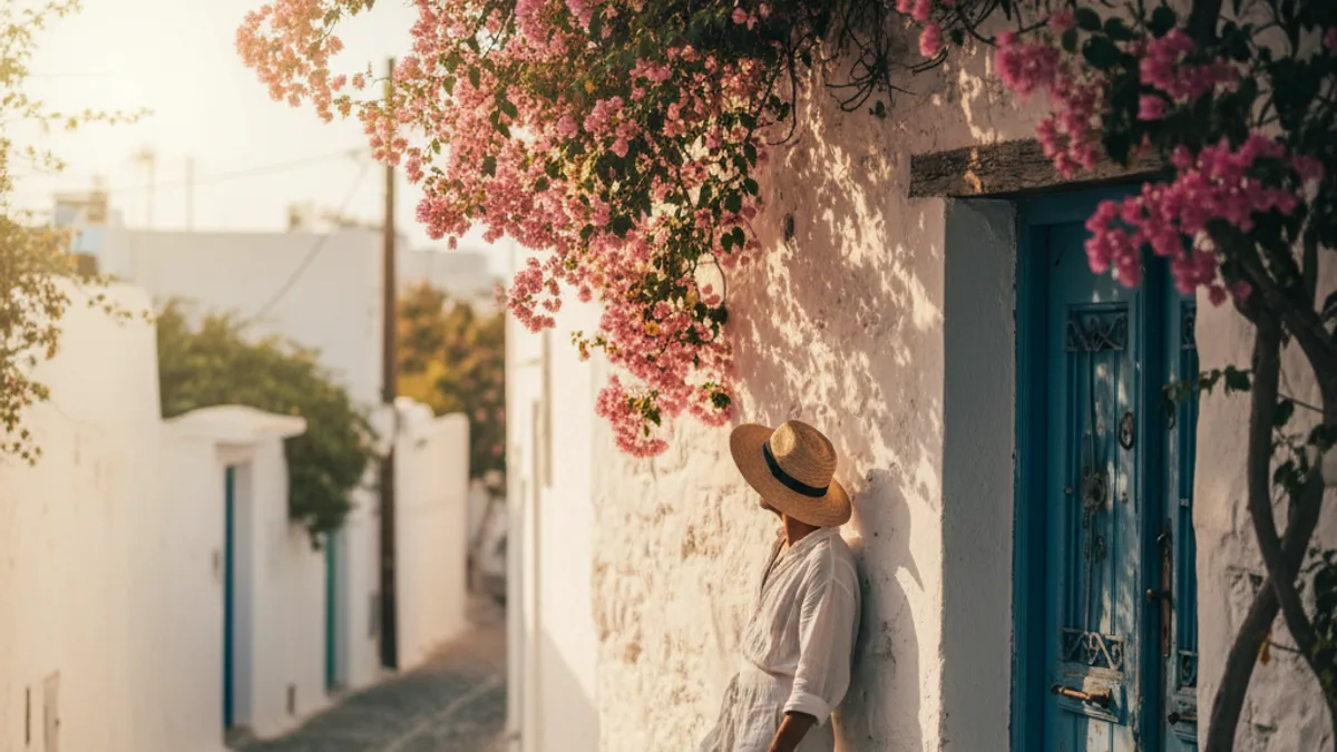Traveller leaning against a whitewashed wall beside a bougainvillea-framed blue door